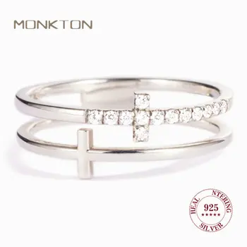 Monkton 100% Стерлинговое серебро 925 Пробы Двухслойные кольца с крестом для женщин с Геометрическим цирконом, Открывающееся Регулируемое кольцо на палец Изысканные ювелирные изделия
