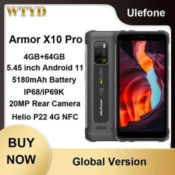 Прочный телефон Ulefone Armor X10 Pro 4 ГБ + 64 ГБ 20-мегапиксельная камера заднего вида 5180 мАч 5,45-дюймовый восьмиядерный смартфон Android 11 Helio P22 с 4G NFC