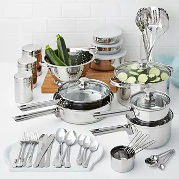 Комбинированный набор посуды и кухонных принадлежностей из нержавеющей стали включает в себя необходимые кастрюли, сковородки, столовые приборы и аксессуары (на складе в США)