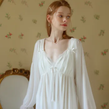 Удобное платье принцессы, Женские Весенне-осенние хлопковые ночные рубашки, Кружевная сексуальная ночная рубашка с V-образным вырезом, ночная рубашка