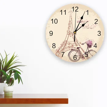Романтическая Франция, Париж, Велосипед, Ретро Эйфелева башня, Декоративные Круглые настенные часы, дизайн, Не Тикающая бесшумная комната, Большие настенные часы