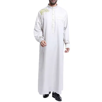 Традиционная мусульманская одежда Контрастное мусульманское платье Ближний Восток Джубба Тобе Мужской халат с вышитым воротником и длинными рукавами Мандариновый вырез