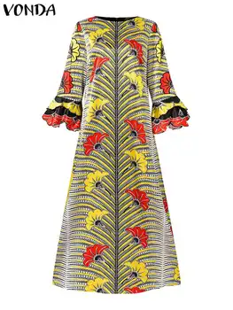 VONDA 2023 Летнее Макси-платье Женское С цветочным принтом Богемный Праздничный Сарафан Повседневный Свободный Рукав-фонарик Винтажный Длинный Vestidos Robe