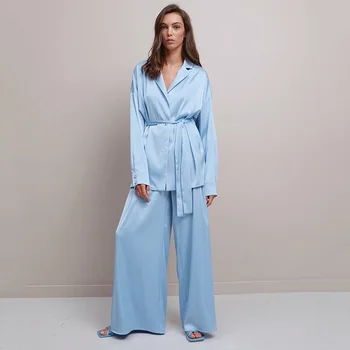 Брюки Палаццо, женский пижамный комплект, халаты с воротником и поясом, длинные рукава, сексуальная пижама, домашний костюм из чистого атласа, пижамные ночные рубашки