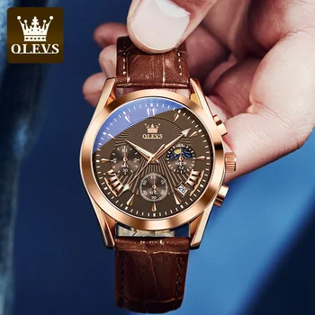 Многофункциональные кварцевые мужские часы OLEVS, лучший бренд, роскошный кожаный ремешок, водонепроницаемые спортивные часы с хронографом Relogio Masculino