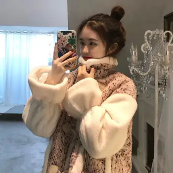 Hstar Осень, длинный рукав, роговая пуговица, пэчворк, искусственная овечья шерсть, милая куртка, пальто, женская Японско-Корейская модная одежда в стиле Лолиты