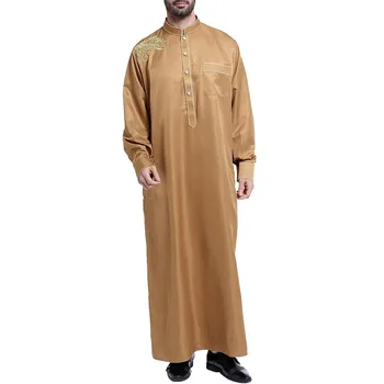 Традиционная мусульманская одежда Контрастное мусульманское платье Ближний Восток Джубба Тобе Мужской халат с вышитым воротником и длинными рукавами Мандариновый вырез
