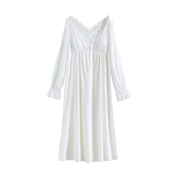 Удобное платье принцессы, Женские Весенне-осенние хлопковые ночные рубашки, Кружевная сексуальная ночная рубашка с V-образным вырезом, ночная рубашка