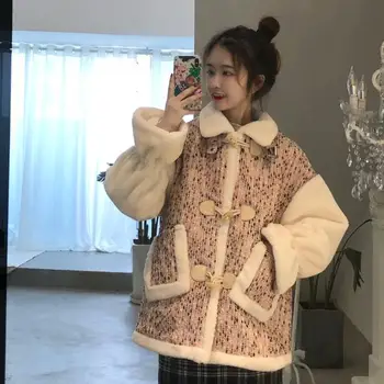 Hstar Осень, длинный рукав, роговая пуговица, пэчворк, искусственная овечья шерсть, милая куртка, пальто, женская Японско-Корейская модная одежда в стиле Лолиты