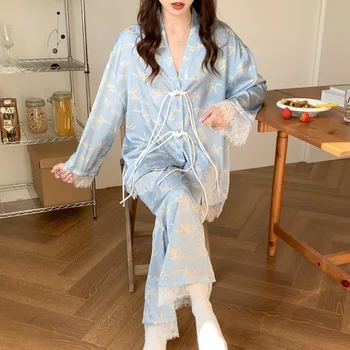 Винтажные пижамные комплекты из небесно-голубого шелка льда в китайском стиле Для женщин, женское нижнее белье с длинными рукавами и пряжкой на шнуровке
