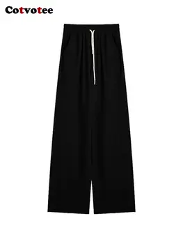 Женские брюки Cotvotee с завязками 2023, новые модные весенние повседневные прямые спортивные брюки с высокой талией, шикарные черные широкие женские брюки